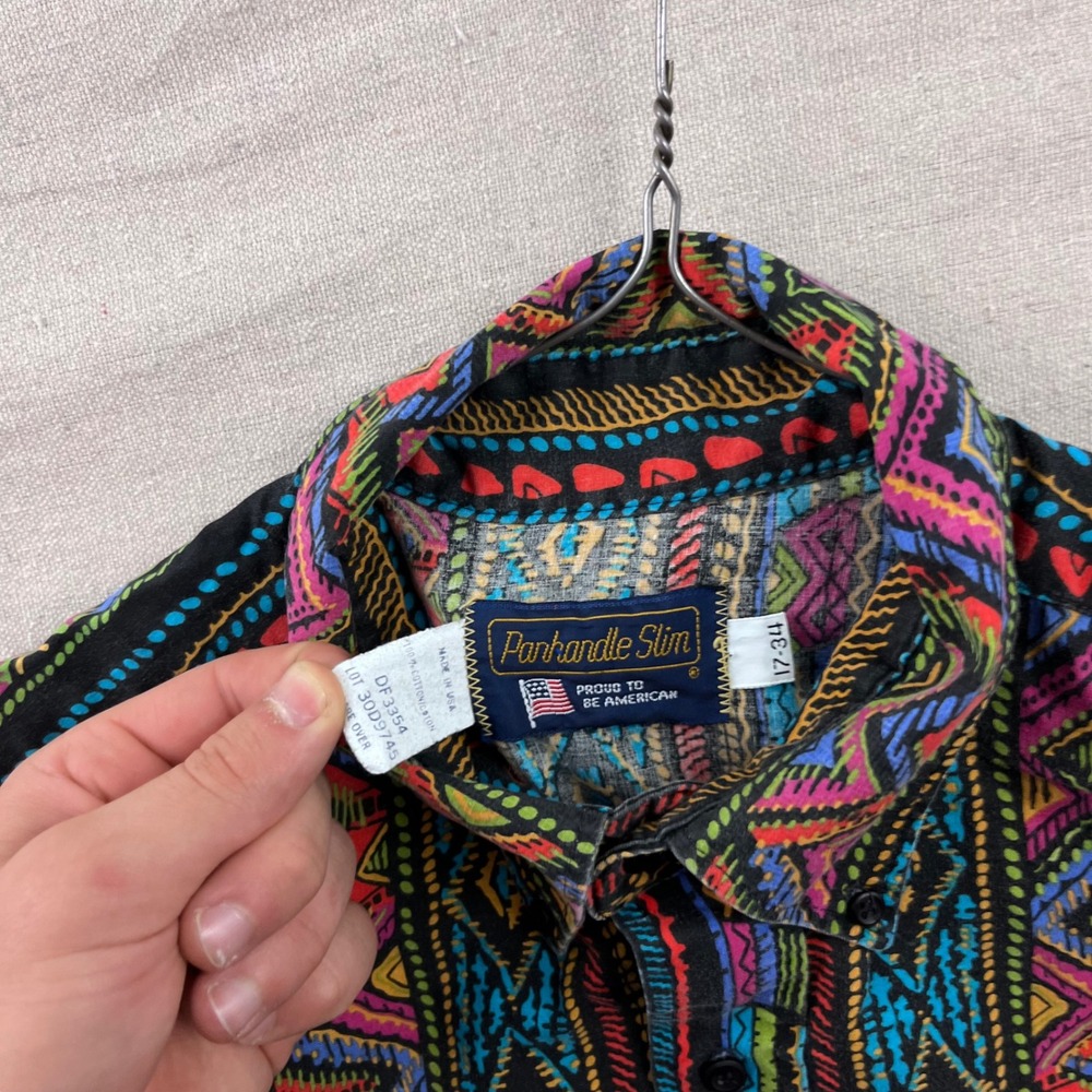 VTG Panhandle Slim Western Shirt Mens 17-34 Multicolor Aztec Geometric Print USA